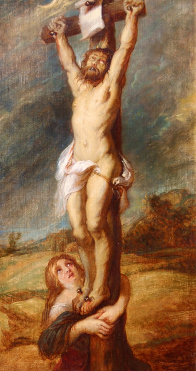 French School Circa 1850, Christ On The Cross With Mary Magdalene, Painting