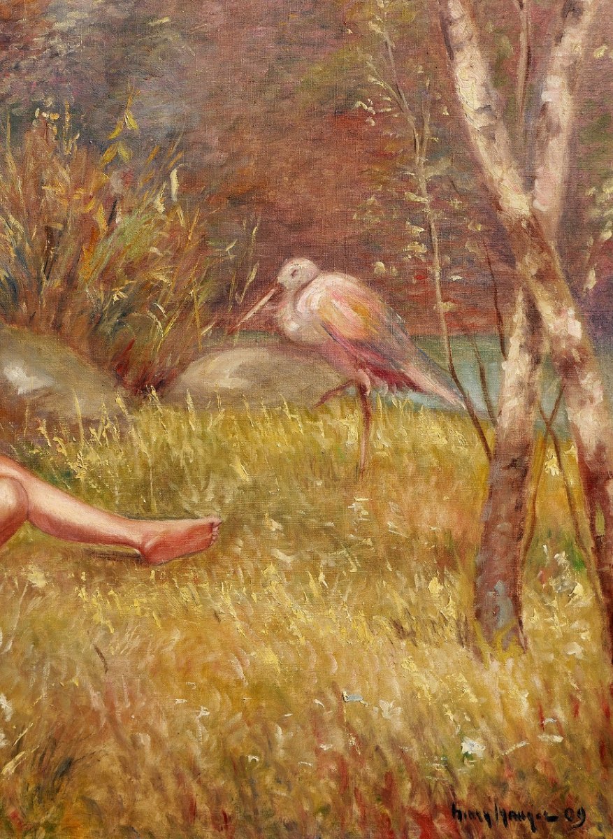 Henry MANGER, XIX-XXe, Paysage au flutiste et au héron, tableau Art Nouveau, 1909-photo-1