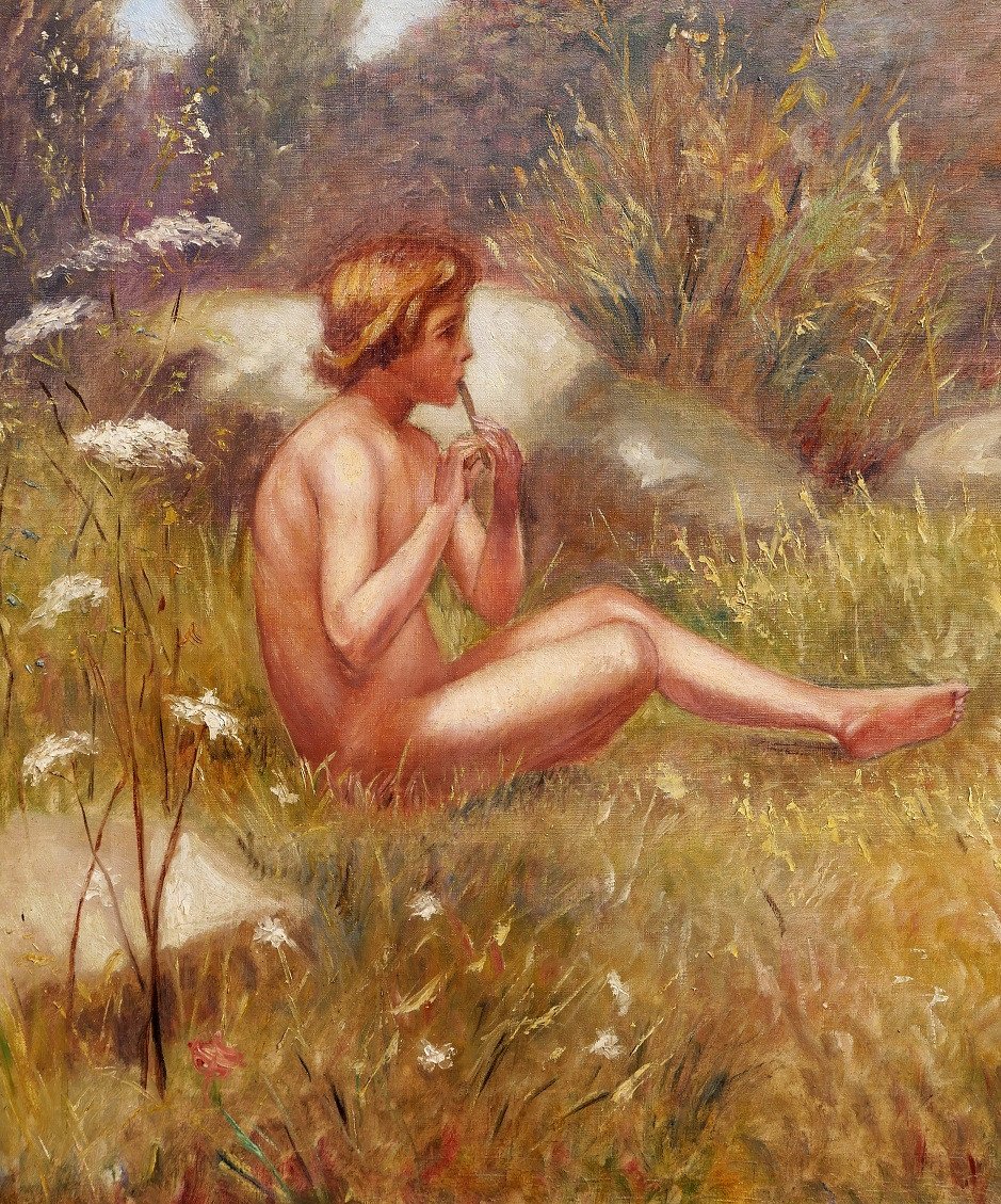 Henry Manger, XIX-xxth, Landscape With Flutist And Heron, Art Nouveau Painting, 1909-photo-2