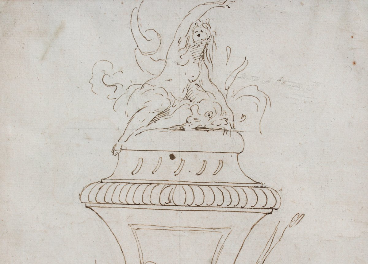 Ecole Française du XVIIIe siècle, Projet de fontaine inspiré de J.-B. Oudry, dessin, circa 1750-photo-3