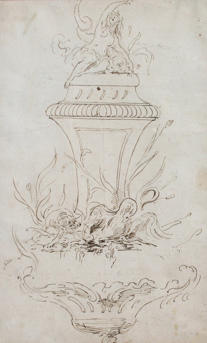 Ecole Française du XVIIIe siècle, Projet de fontaine inspiré de J.-B. Oudry, dessin, circa 1750