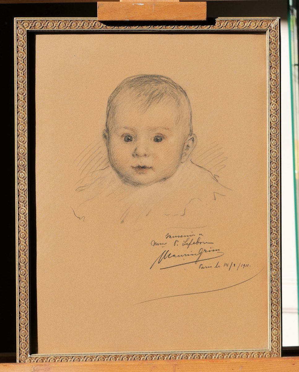 Maurice GRUN 1869-1947, Portrait de bébé, dessin, craie noire et sanguine, 1911-photo-2
