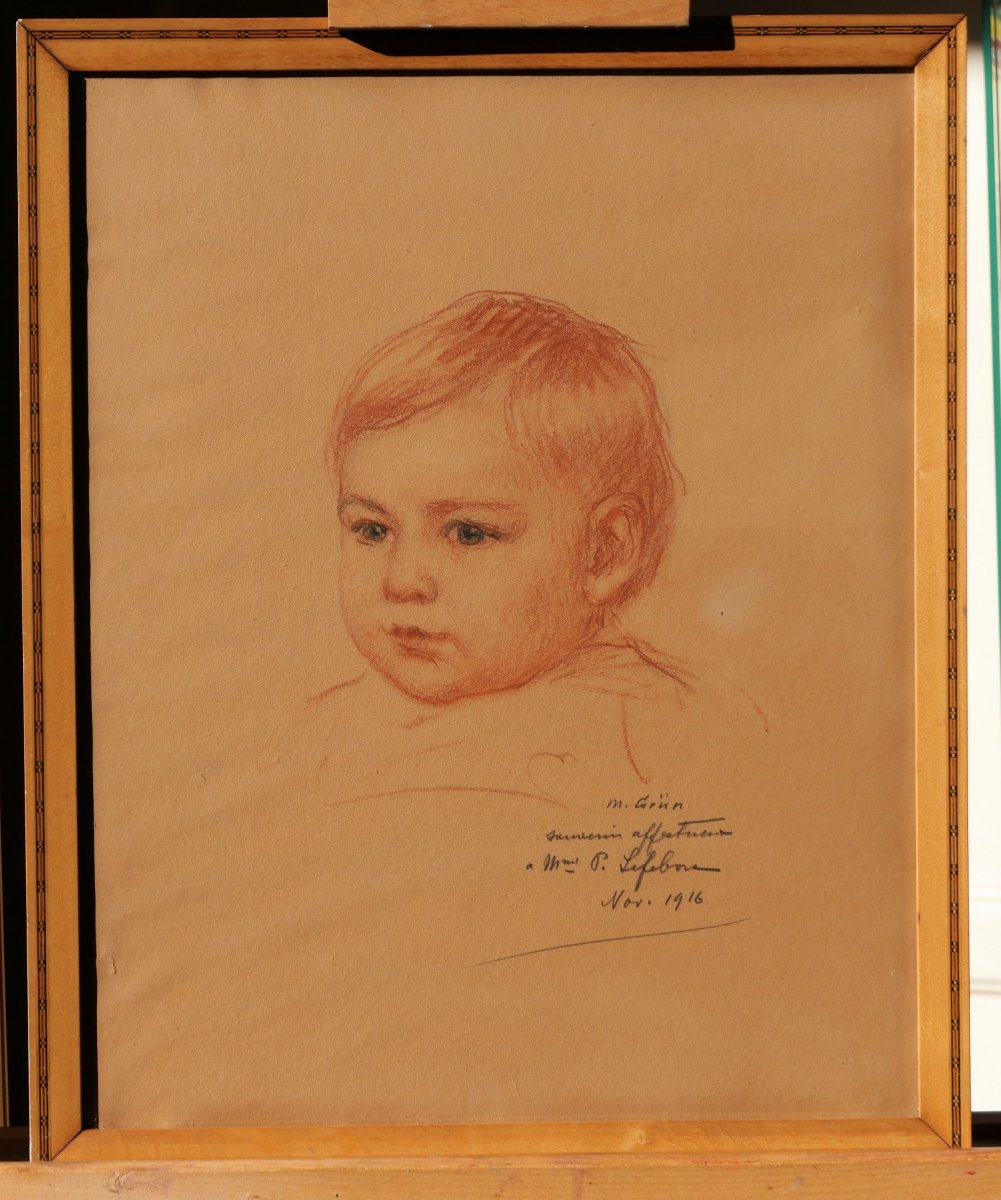 Maurice GRUN 1869-1947, Portrait d'enfant, dessin, craie noire et sanguine, 1916-photo-2