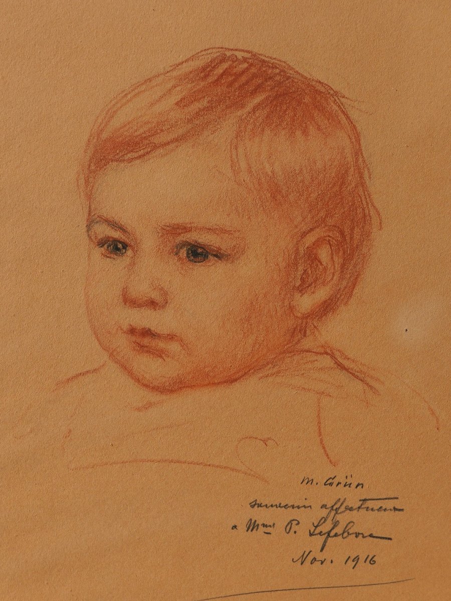 Maurice GRUN 1869-1947, Portrait d'enfant, dessin, craie noire et sanguine, 1916-photo-3