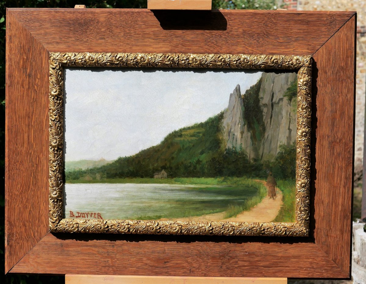 B. DUYVER, XIXe, Paysage au lac et au promeneur, tableau, circa 1890-1900-photo-2