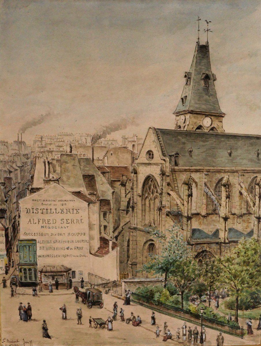 A. NIGG, Paris, L'église Saint-Médard, le parvis et le square, dessin, 1877