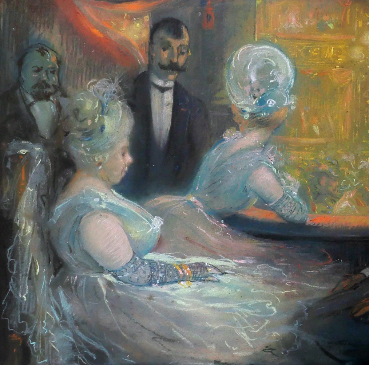 Léon DAX (XIX-XXe) Dans les loges à l'opéra, grand pastel, circa 1890-95-photo-3