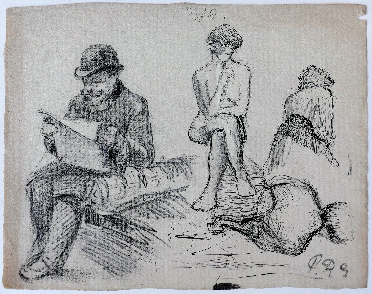 Paul RENOUARD (1845-1924) Homme lisant, femme nue et femmes de dos, dessin, circa 1890-95-photo-2