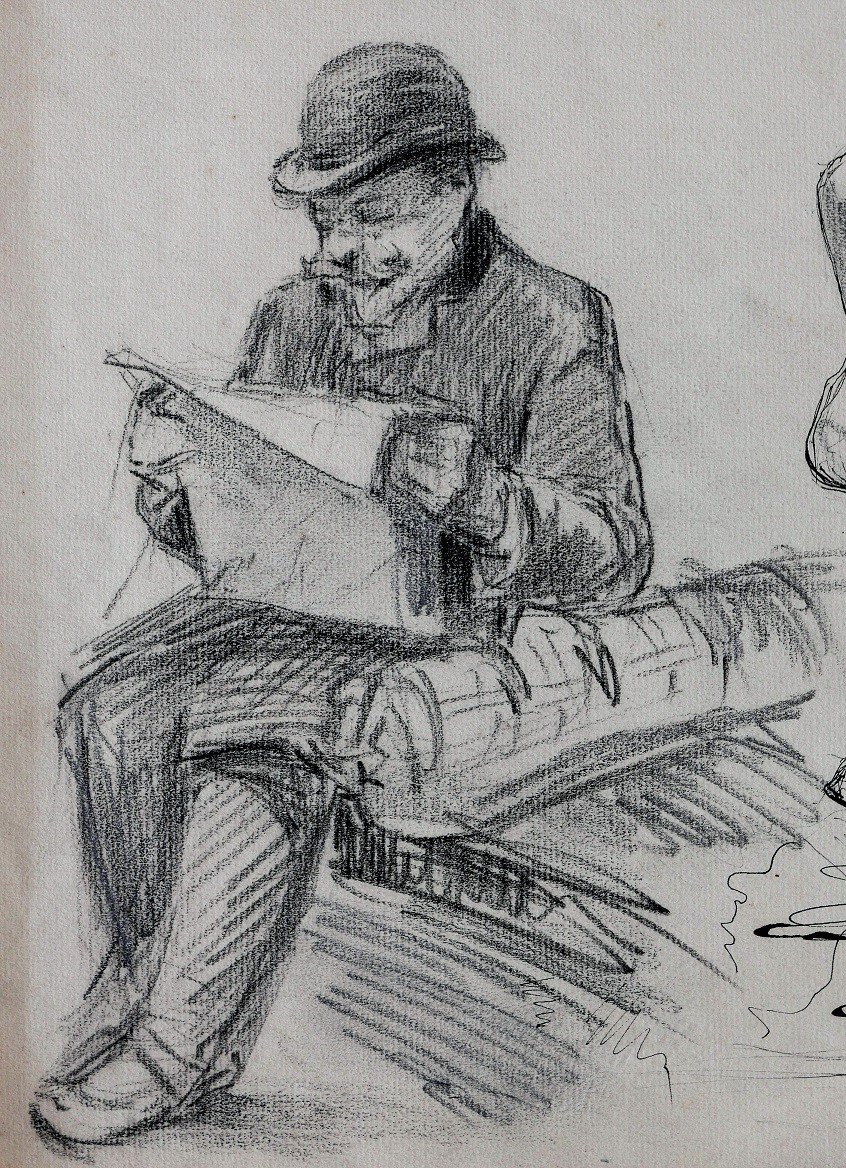 Paul RENOUARD (1845-1924) Homme lisant, femme nue et femmes de dos, dessin, circa 1890-95-photo-3