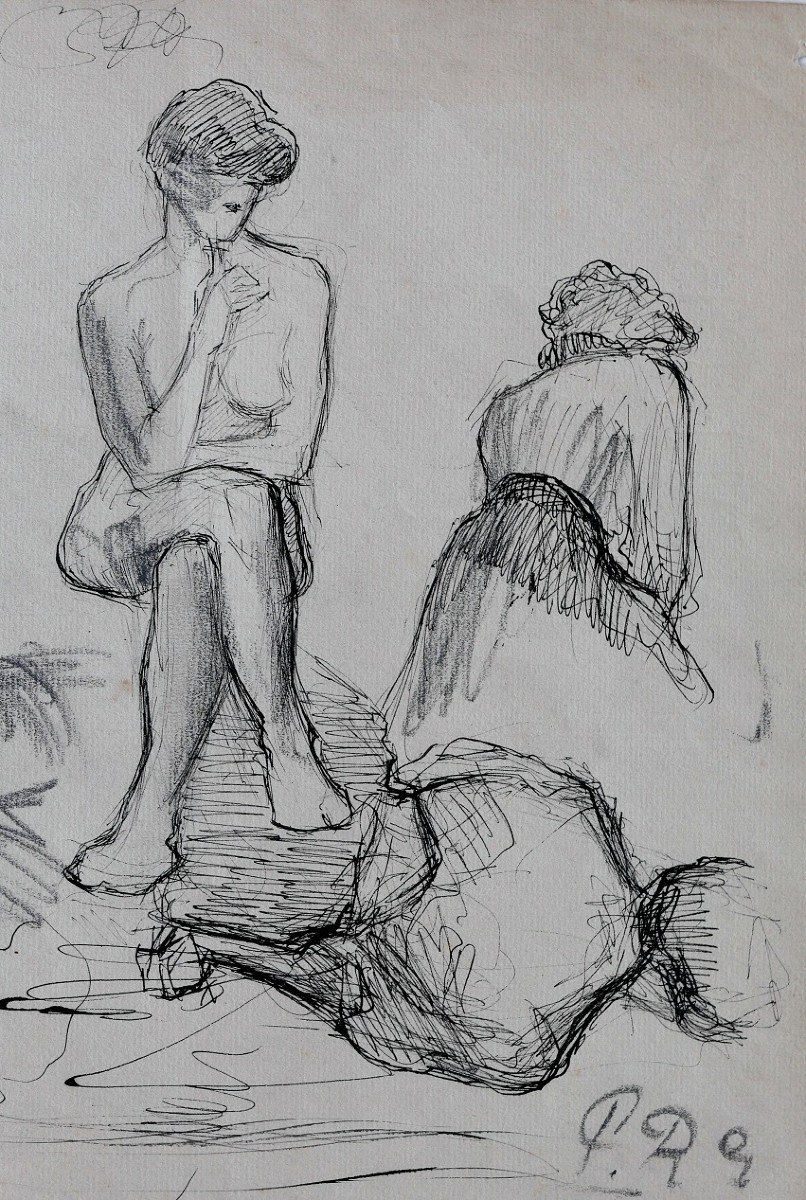 Paul RENOUARD (1845-1924) Homme lisant, femme nue et femmes de dos, dessin, circa 1890-95-photo-4