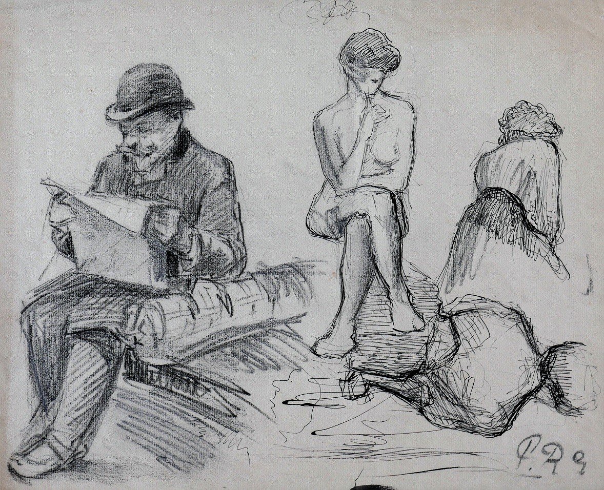 Paul RENOUARD (1845-1924) Homme lisant, femme nue et femmes de dos, dessin, circa 1890-95