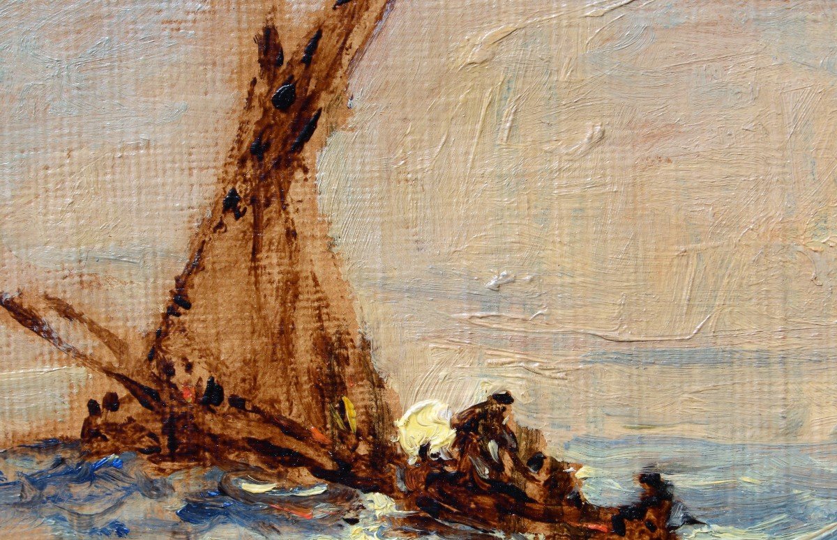 Sauveur BERNAY-THIERIC (1874-1963) Bateau en mer, tableau miniature, vers 1900-photo-2