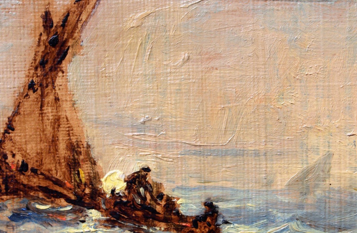 Sauveur BERNAY-THIERIC (1874-1963) Bateau en mer, tableau miniature, vers 1900-photo-3