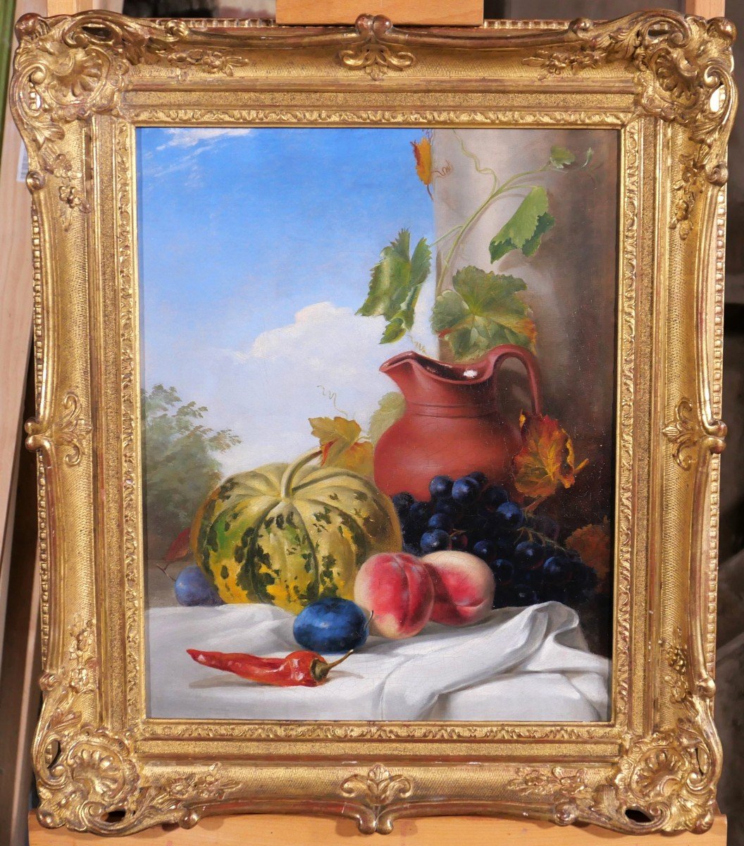Ecole Française circa 1840, Nature morte à la cruche et aux fruits, tableau-photo-2