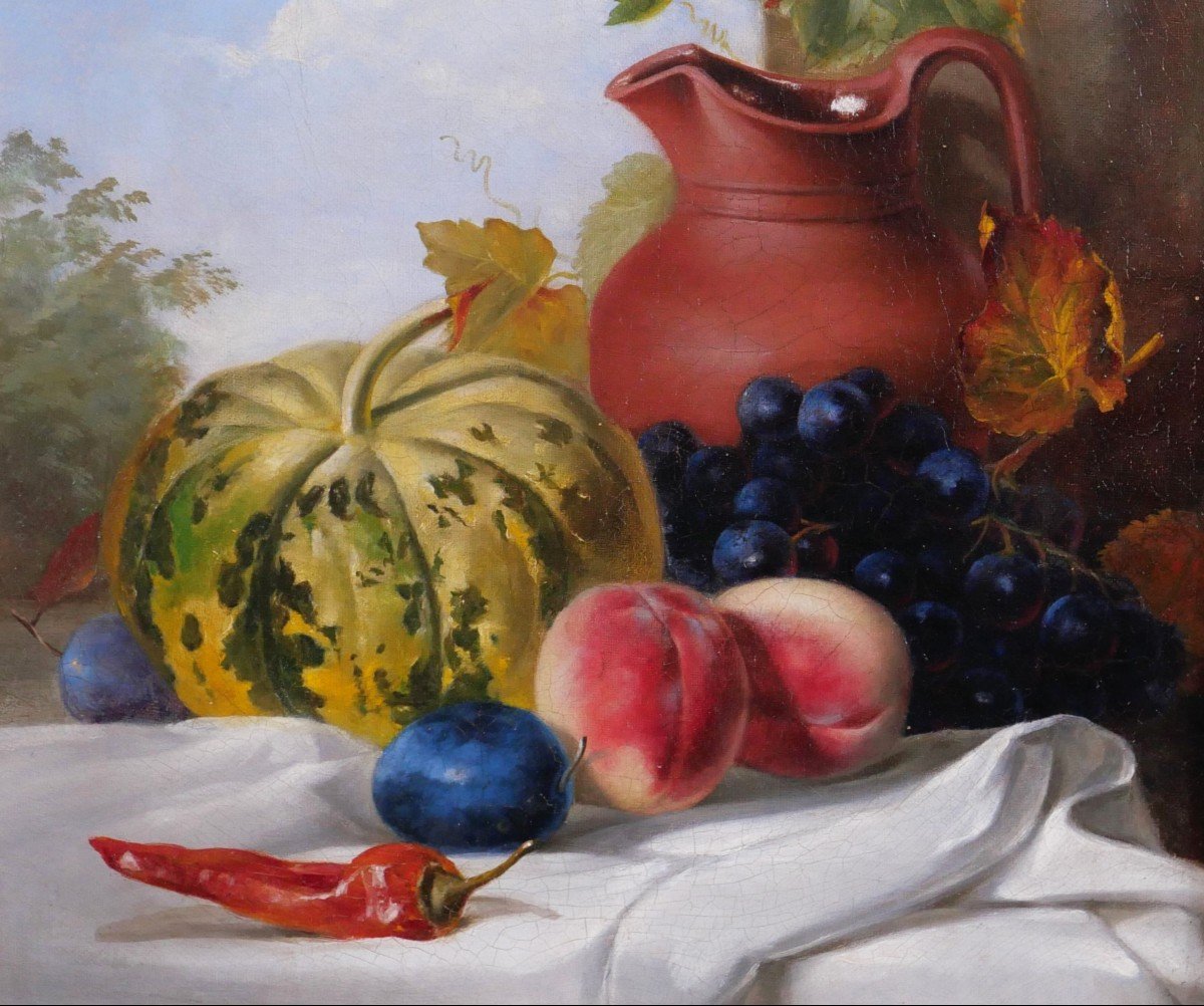 Ecole Française circa 1840, Nature morte à la cruche et aux fruits, tableau-photo-4