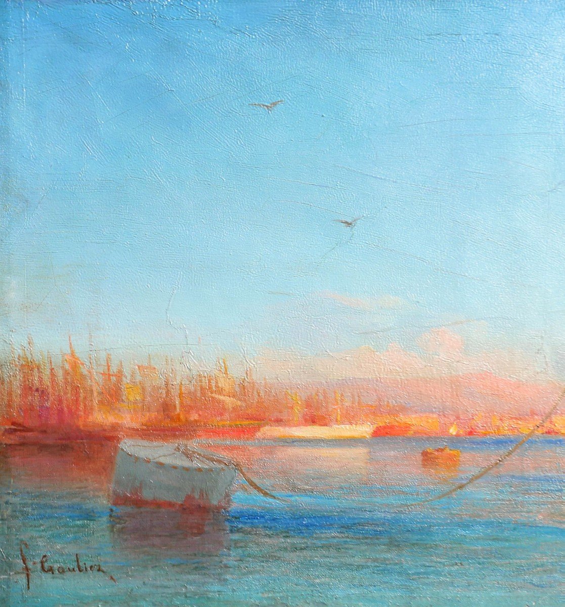François GAUTIER (1842-1917) Bateaux au port, tableau, circa 1890-photo-3