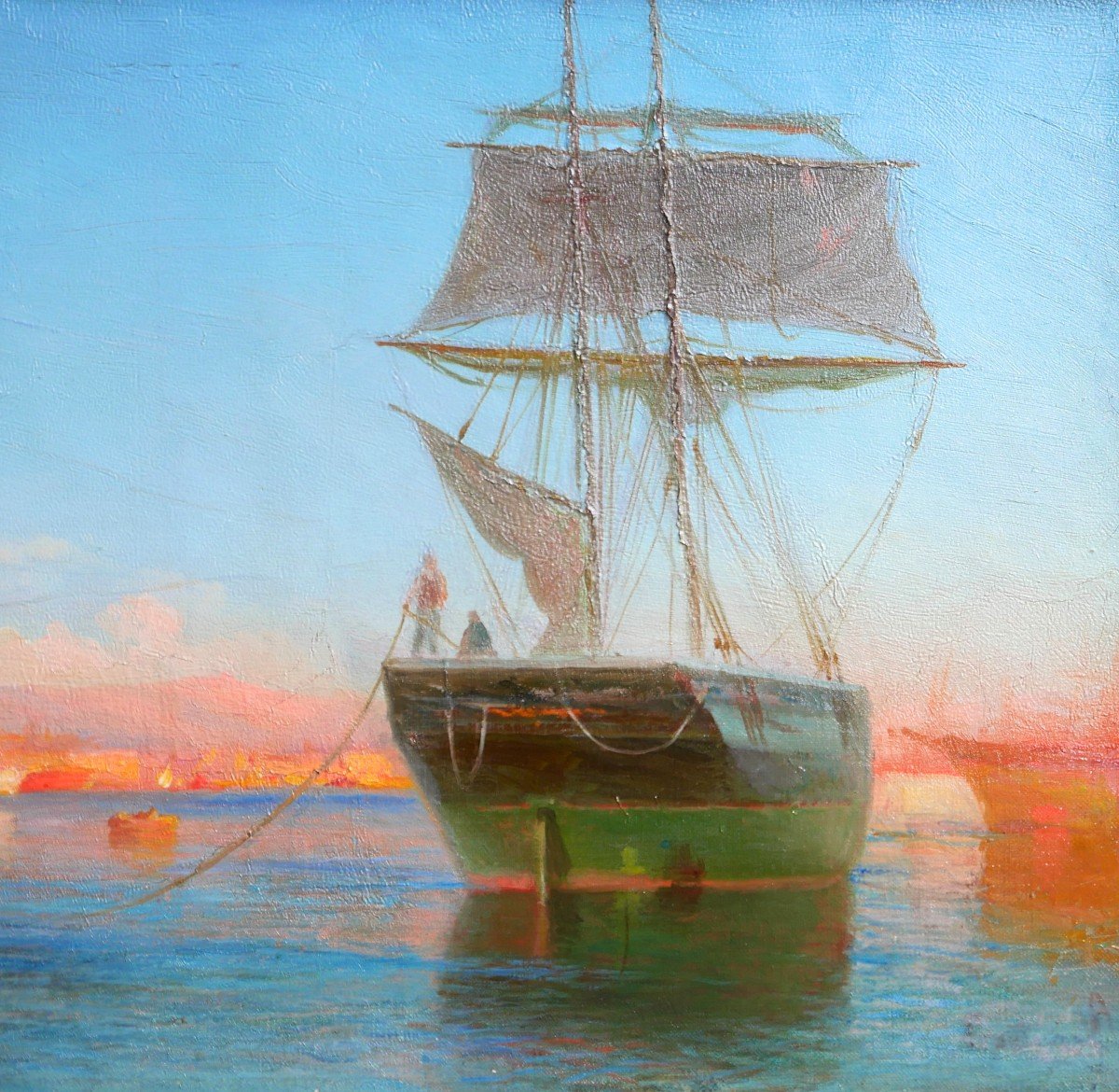 François Gautier (1842-1917) Boats In The Port, Painting, Circa 1890-photo-4
