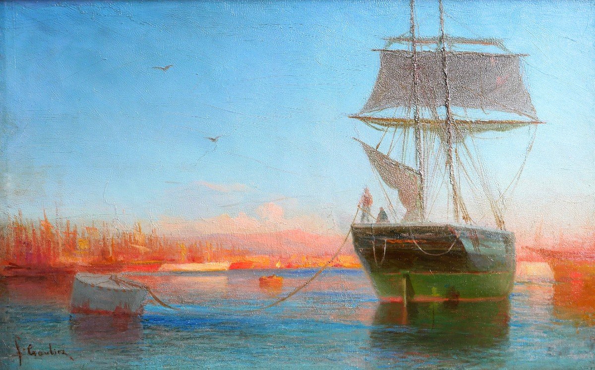 François Gautier (1842-1917) Boats In The Port, Painting, Circa 1890