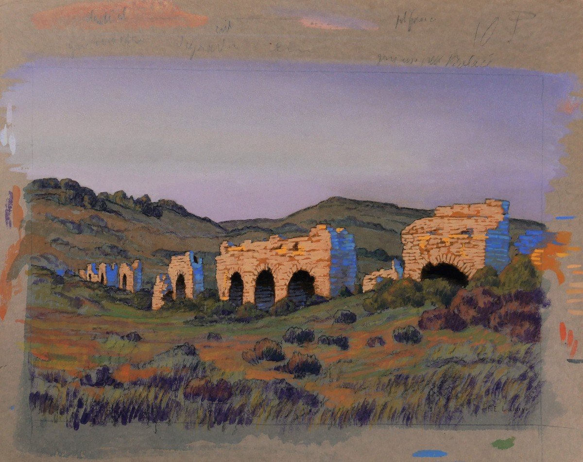François-Etienne LAHAYE (1878-1949) Provence, aqueduc romain (Barbegal ?), dessin, circa 1920-photo-3