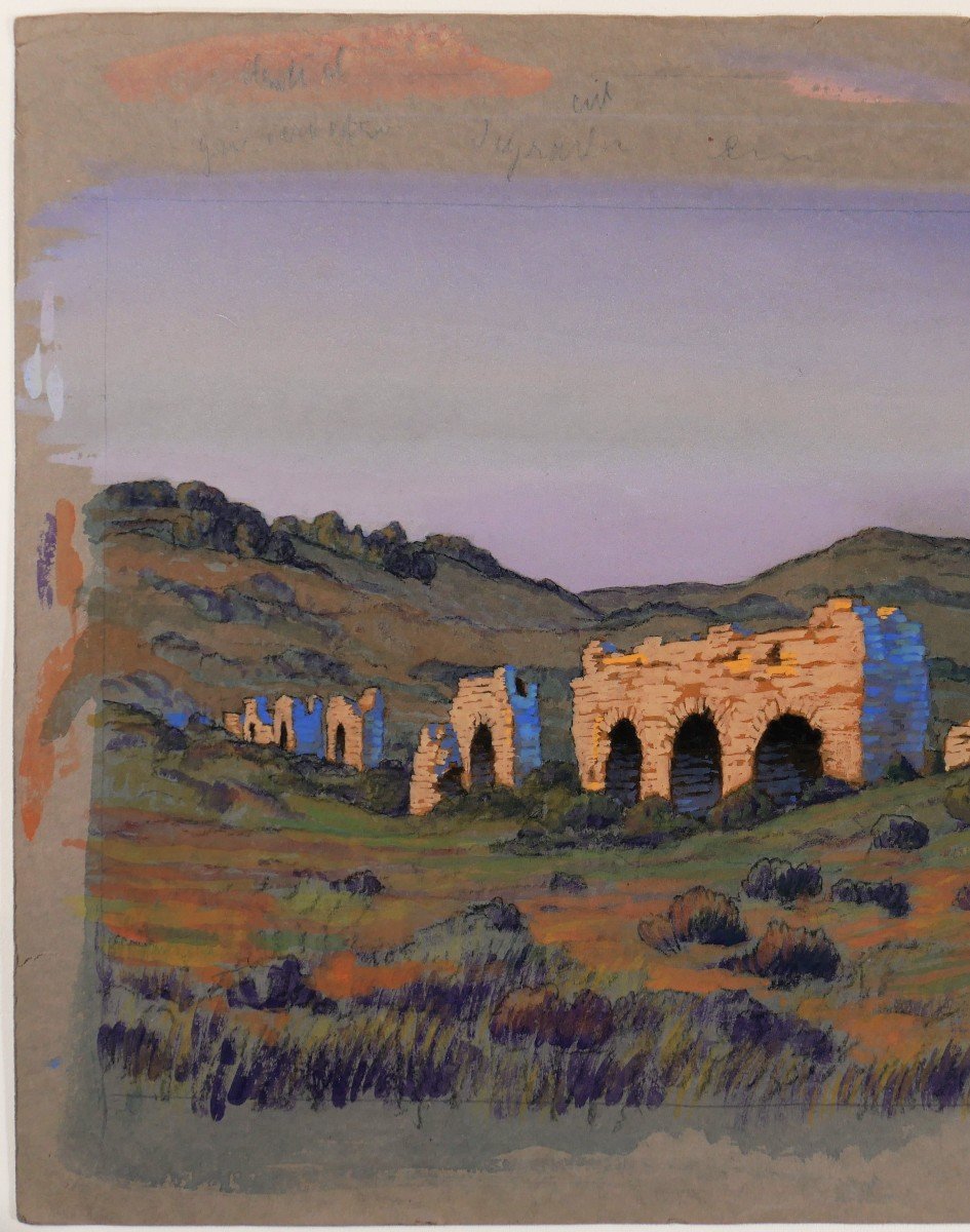 François-Etienne LAHAYE (1878-1949) Provence, aqueduc romain (Barbegal ?), dessin, circa 1920-photo-4