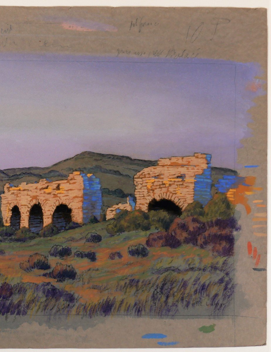 François-Etienne LAHAYE (1878-1949) Provence, aqueduc romain (Barbegal ?), dessin, circa 1920-photo-1