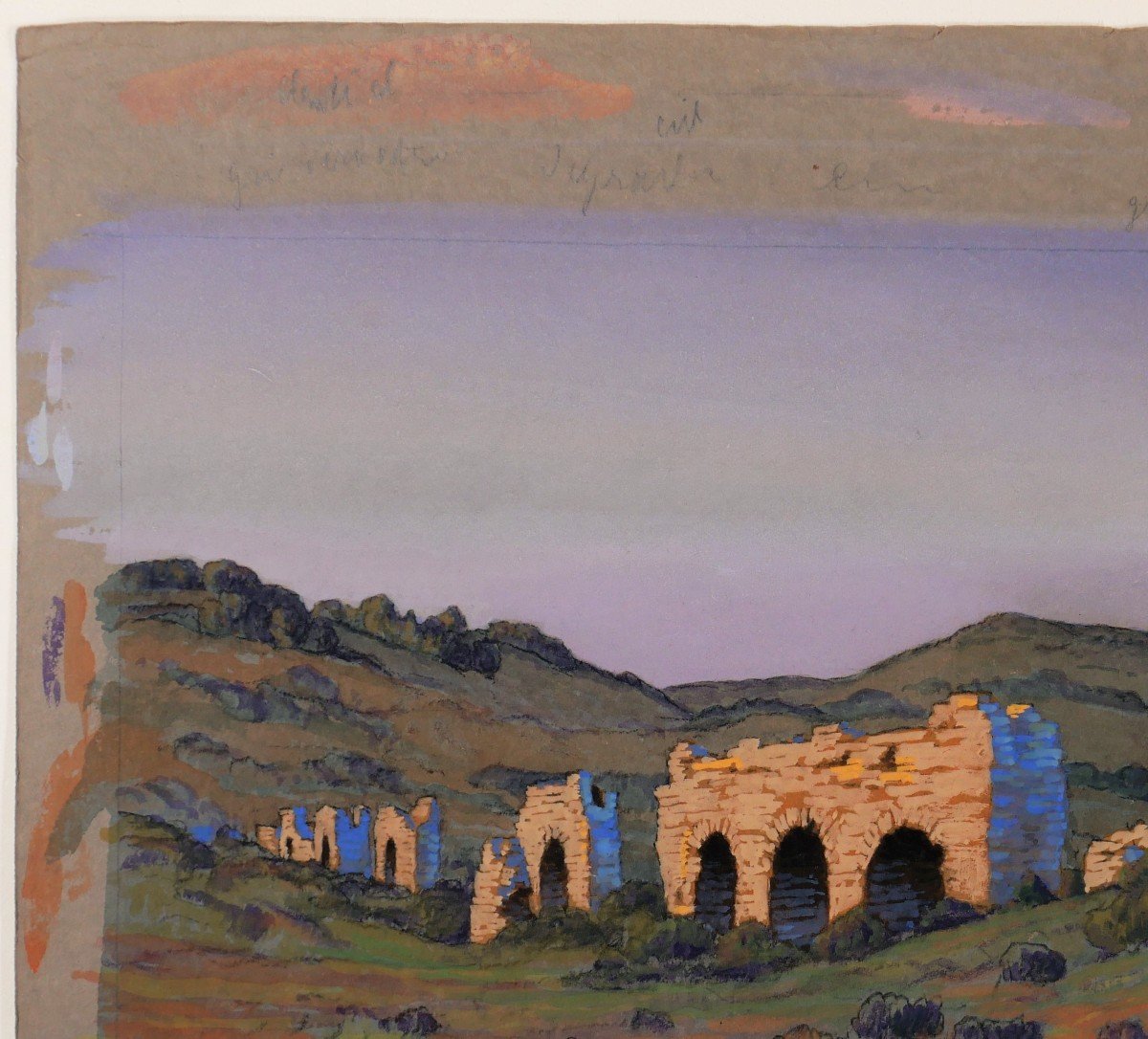 François-Etienne LAHAYE (1878-1949) Provence, aqueduc romain (Barbegal ?), dessin, circa 1920-photo-2