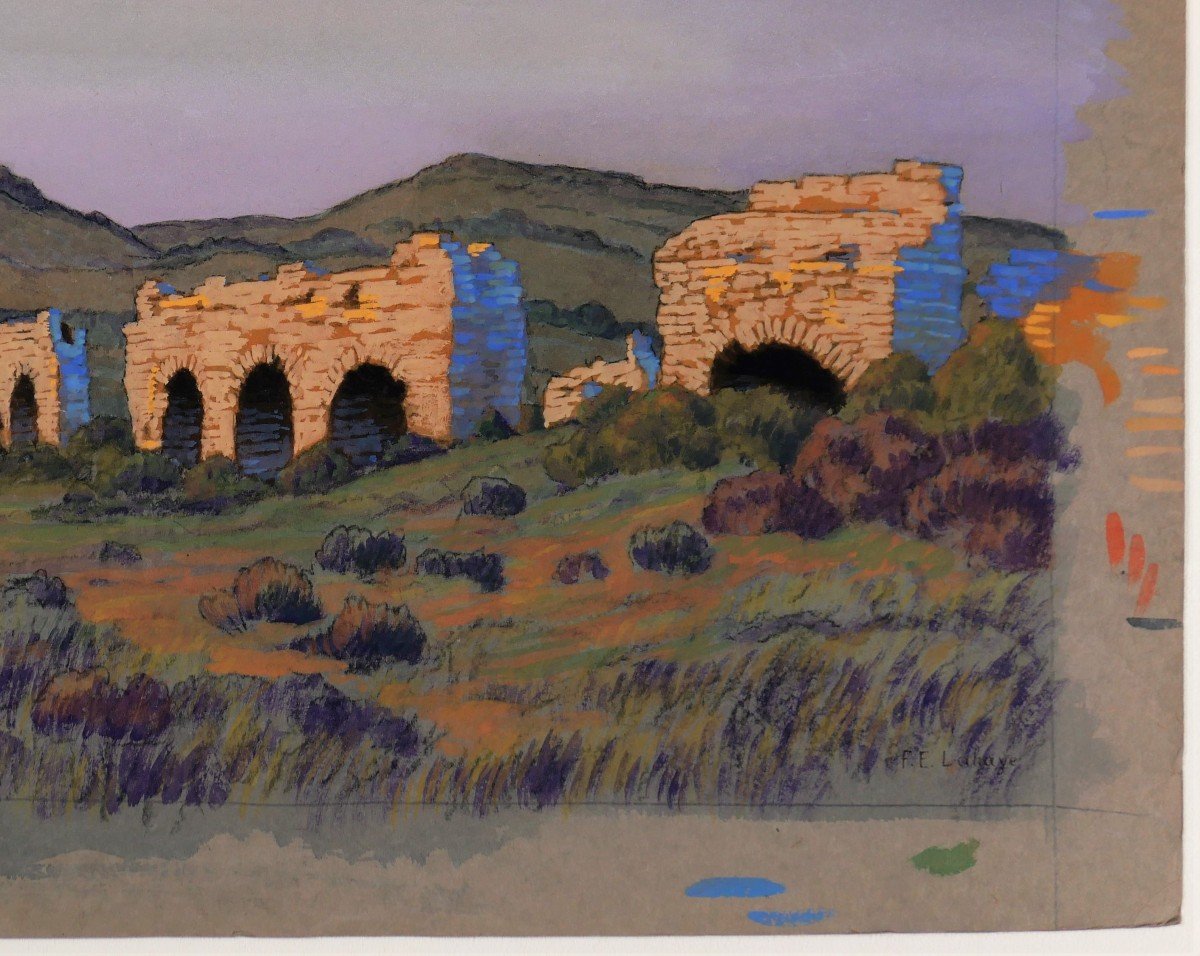 François-Etienne LAHAYE (1878-1949) Provence, aqueduc romain (Barbegal ?), dessin, circa 1920-photo-4