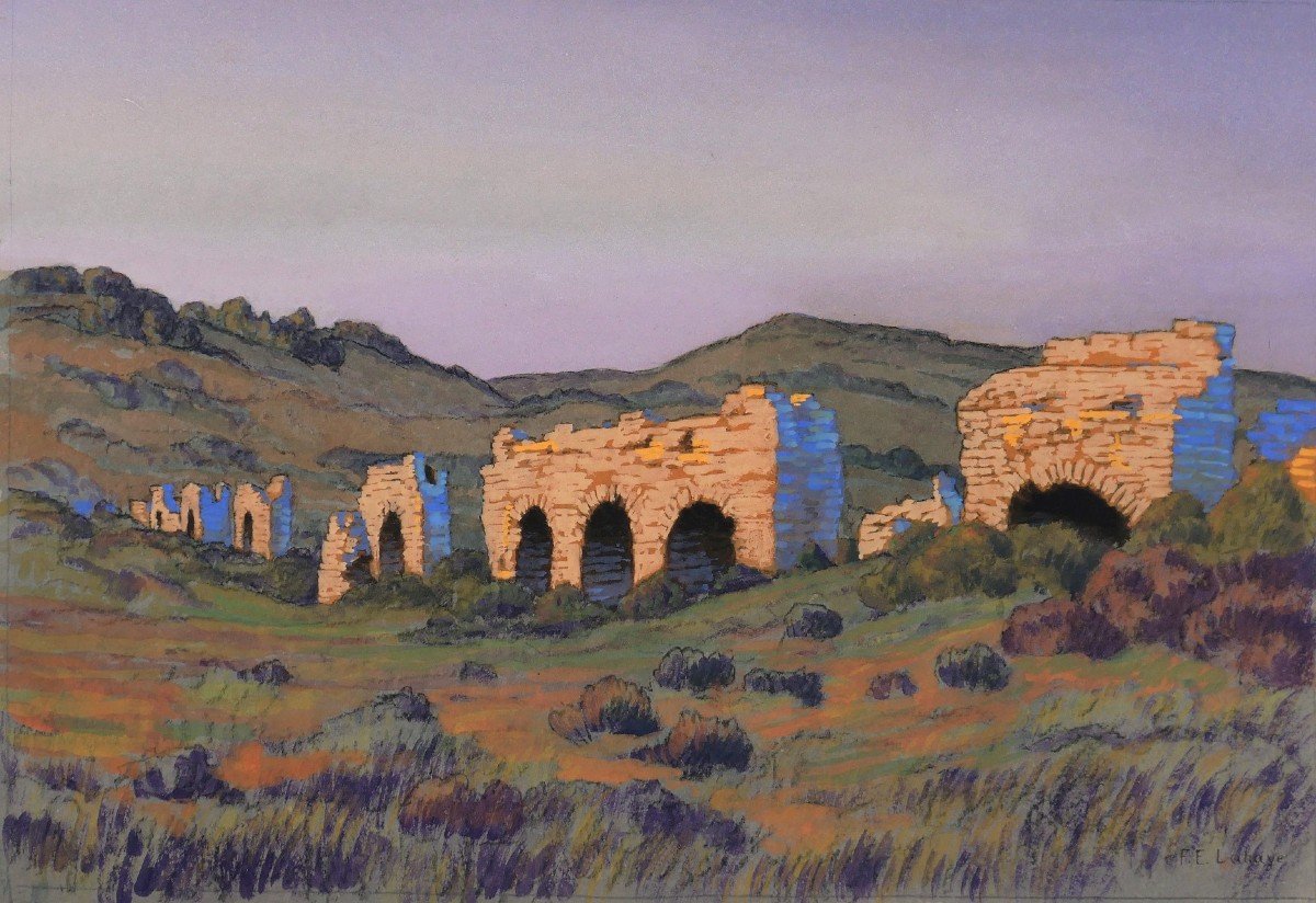 François-Etienne LAHAYE (1878-1949) Provence, aqueduc romain (Barbegal ?), dessin, circa 1920