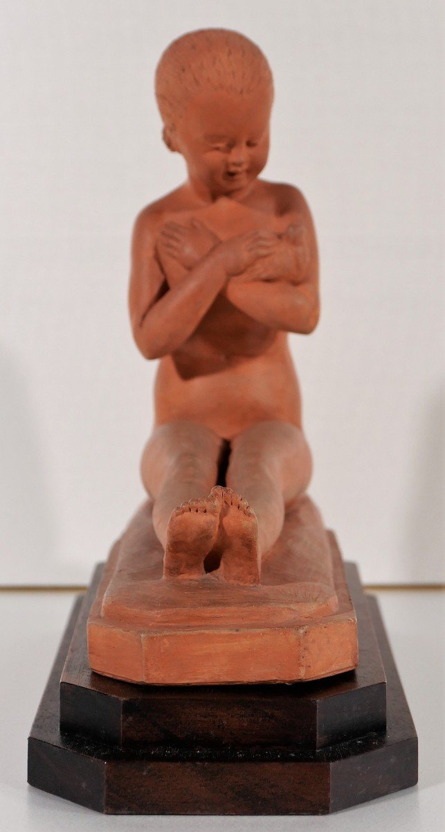 René MEYNIAL (1897-1996) Jeune fille assise à l'oiseau, sculpture, terre cuite, circa 1930-photo-2