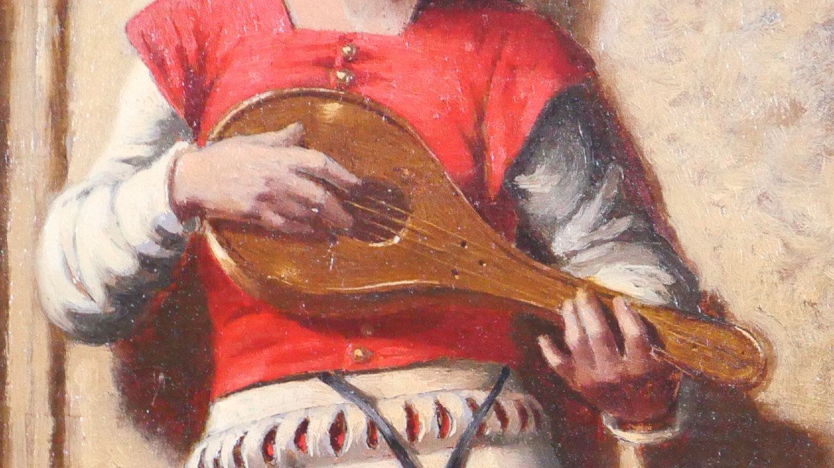 Troubadour School Circa 1850, The Mandolin Player, Painting-photo-3