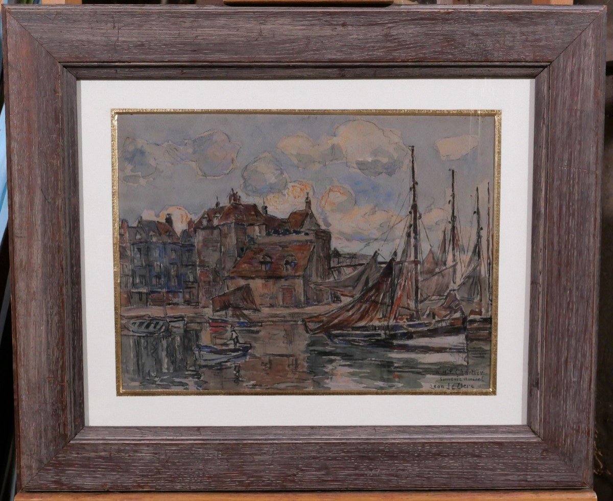 Léon LECLERC 1866-1930 Honfleur, vue du port et de la Lieutenance, aquarelle-photo-2