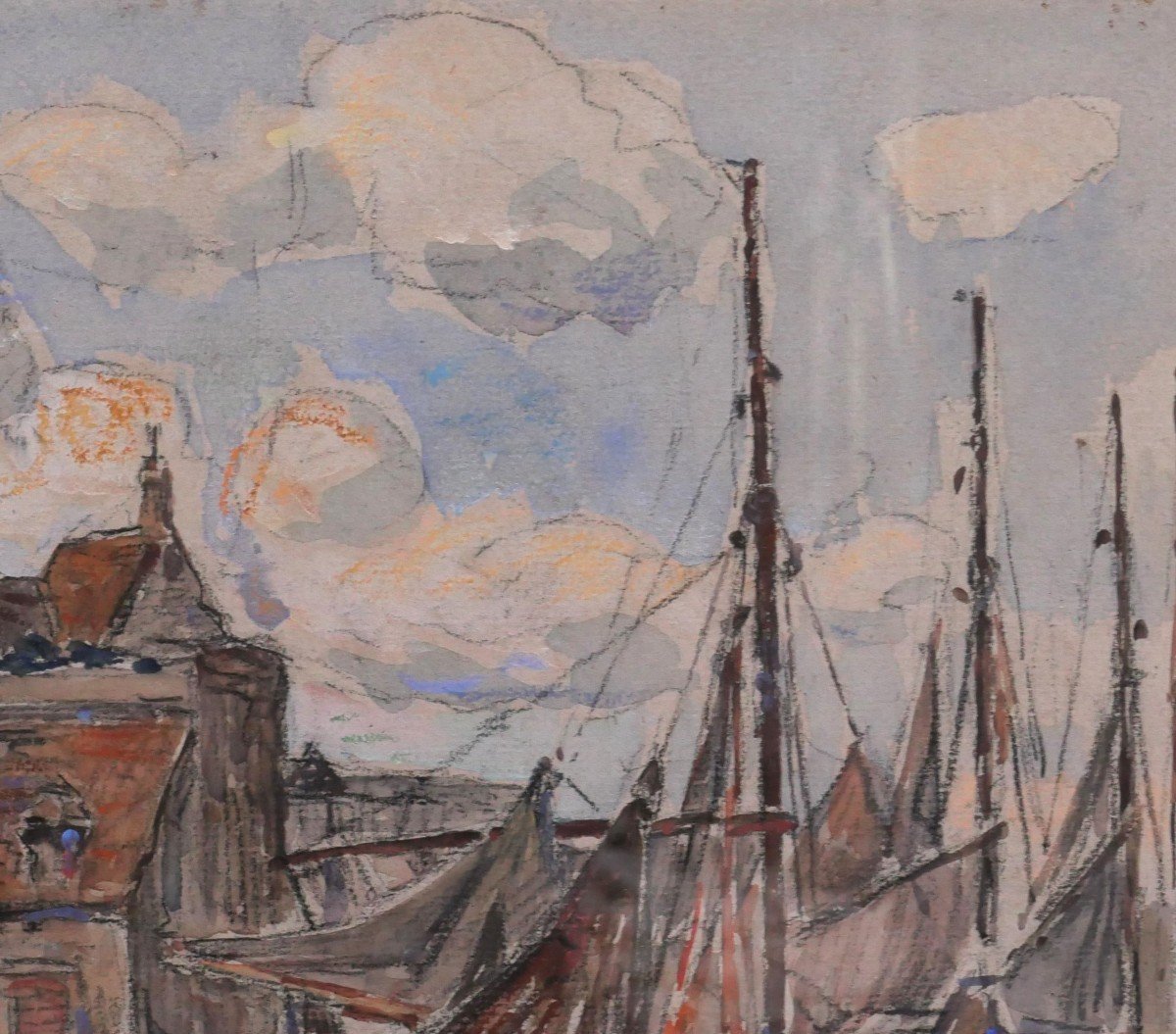 Léon LECLERC 1866-1930 Honfleur, vue du port et de la Lieutenance, aquarelle-photo-2