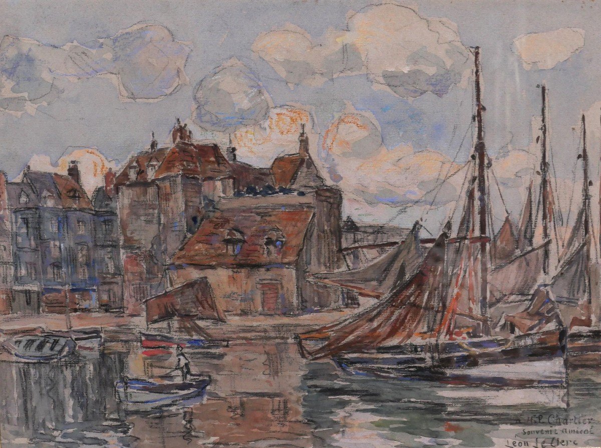 Léon LECLERC 1866-1930 Honfleur, vue du port et de la Lieutenance, aquarelle