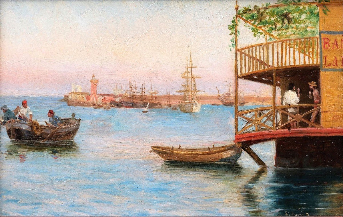 Antonio de Sistere de Hernandez, Espagne, le port de Barcelone, tableau, c. 1880-90