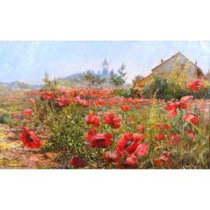 Francis de Signori 19-20e Champs de pavots en fleurs, paysage, grand tableau, vers 1920