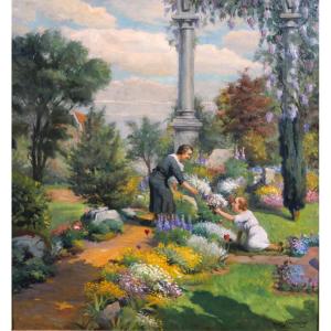 Karel JONGELINGHS 1871-1948 Femmes dans le jardin cueillant des fleurs, tableau, vers 1920-30