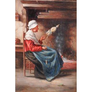 Philippe Grondard (1862-1928) Woman Spinning Wool With Her Skein, Painting, Circa 1890