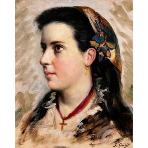 Jules GARDOT, Portrait d'une jeune femme, Italie, tableau, vers 1870