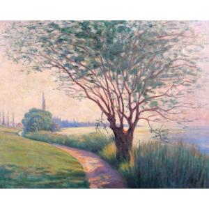 Jean LUBET 19-20e Paysage à l'arbre, grand tableau, 1908