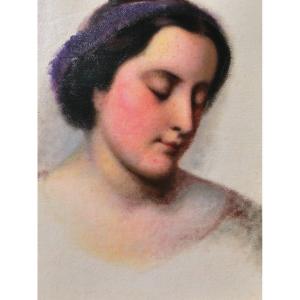 French School Circa 1850, Portrait Of A Woman With A Purple Ribbon, Painting