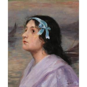 Félix Joseph Pinson (att. To) 19th Portrait Of A Woman With A Blue Ribbon, Painting, Circa 1900