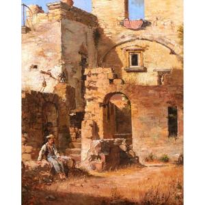 Federico WENZEL, Italie, jeune homme dans les ruines, tableau, 1863