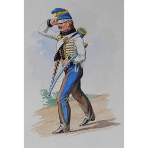 Charles Brun 1825-1908 Soldier In Uniform Of The 5th Hussars, Drawing, Napoleon, Empire