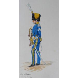 Charles BRUN 1825-1908 Uniforme de trompette Major du 15e Chasseurs, dessin, Napoléon, Empire