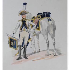 Charles BRUN 1825-1908 Garde du Directoire en uniforme avec son cheval, dessin, 1799 Napoléon