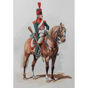 Charles BRUN 1825-1908 Portrait d'un chasseur à cheval 1797, dessin, Napoléon, Empire