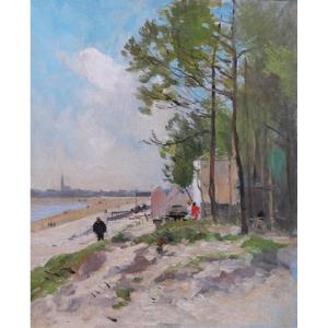 Pierre VAUTHIER 1845-1916 Paysage de plage animée, Bretagne ?, tableau, vers 1890-95