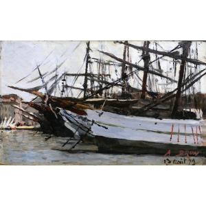 Alexandre BRUN 1853-1941 Marseille, le vieux port et les proues des bateaux, tableau, 1879