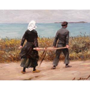 Alexandre Brun 1853-1941 Brittany, Figures Carrying A Load, Painting, Circa 1900