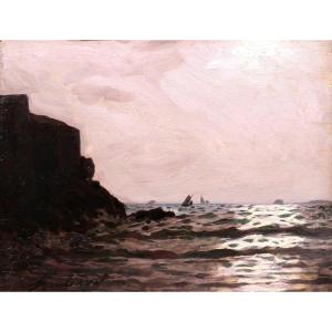 Alexandre BRUN 1853-1941 Paysage de mer, jeux de lumière et clair-obscur, tableau, vers 1900